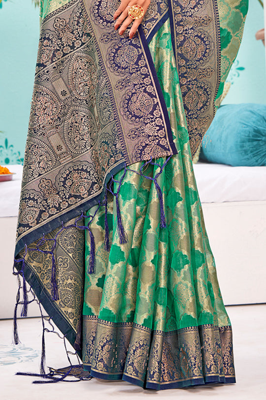 Green And Blue Organza Saree