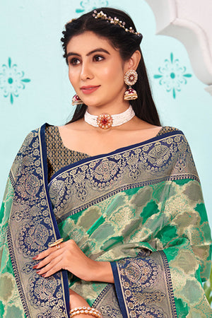 Green And Blue Organza Saree