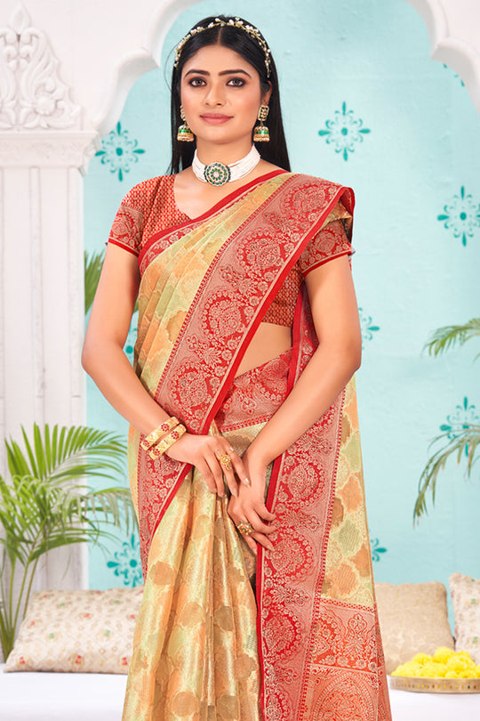 Beige And Red Organza Saree