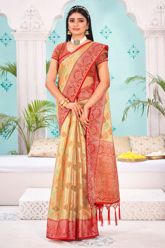 Beige And Red Organza Saree