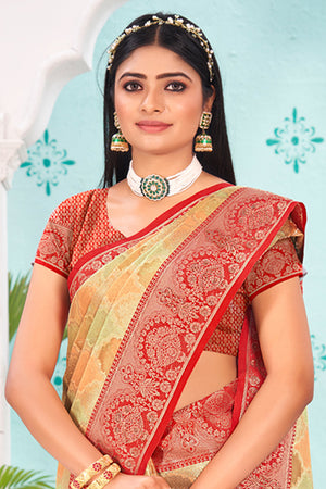 Beige And Red Organza Saree