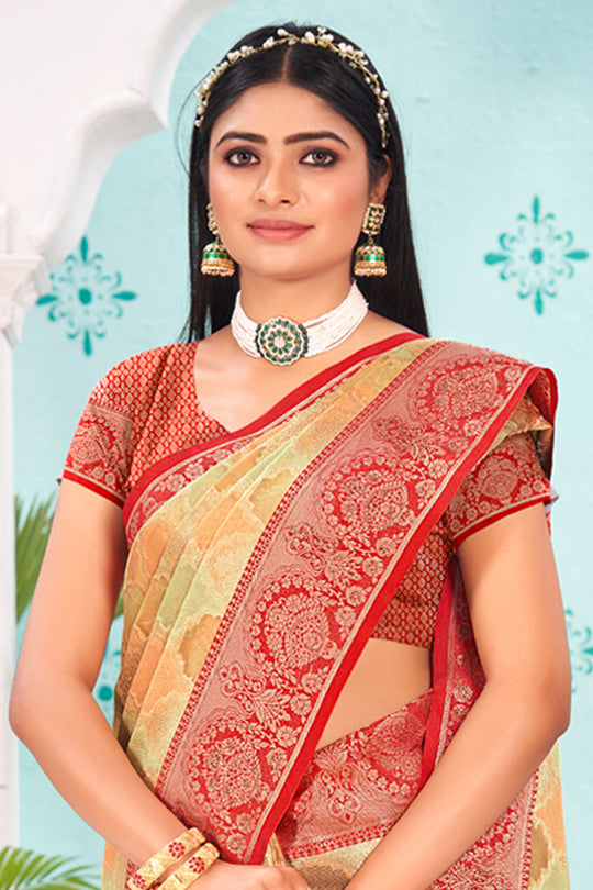 Beige And Red Organza Saree