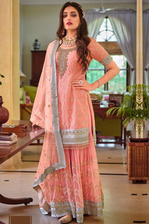 Coral Peach Sharara Suit (Semi-Stitched)