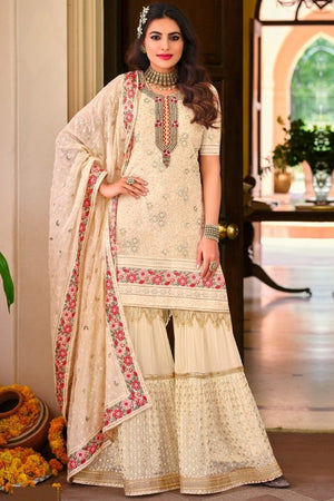 Cream Sharara Suit (Semi-Stitched)