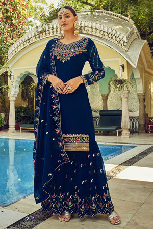 Navy Blue Sharara Suit (Semi-Stitched)