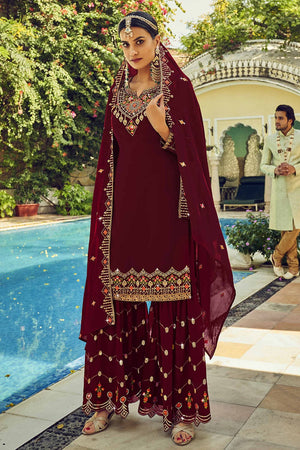 Rosewood Maroon Sharara Suit (Semi-Stitched)
