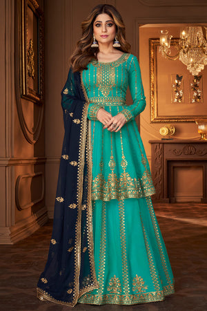 Turquoise Blue Sharara Suit (Semi-Stitched)