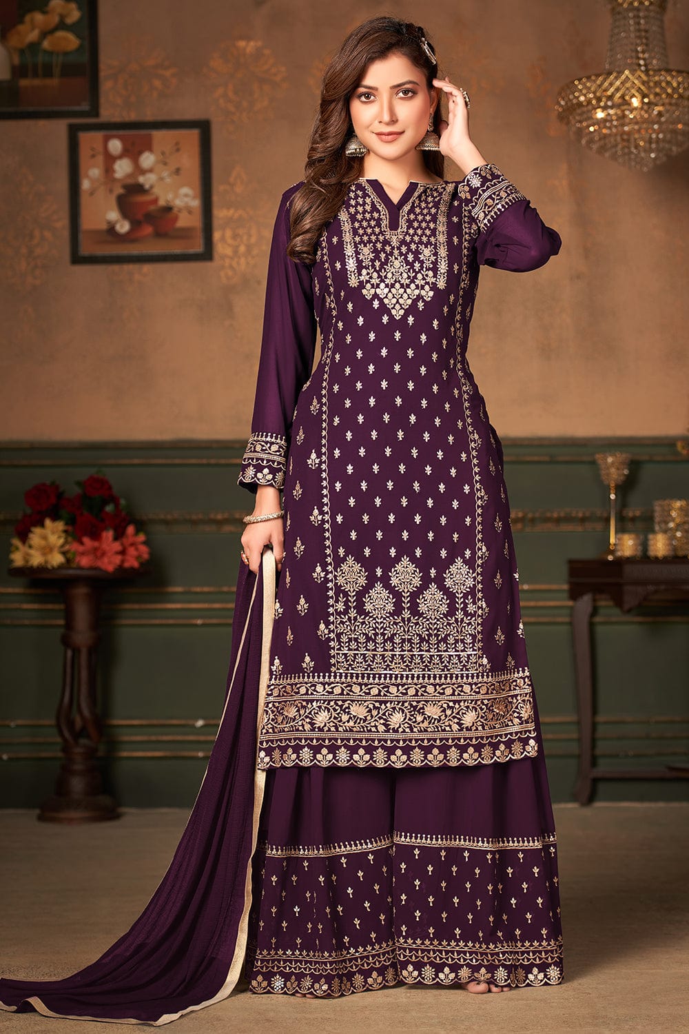 Purple FAUX GEORGETTE EMBROIDERY WOMEN'S SEMI STITCHED SHARARA SUIT -  Divine International Trading Co - 3487786