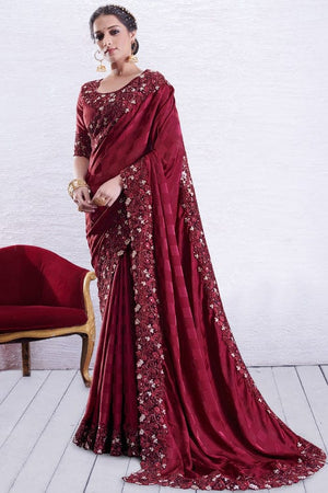 Carmine Maroon Silk Saree