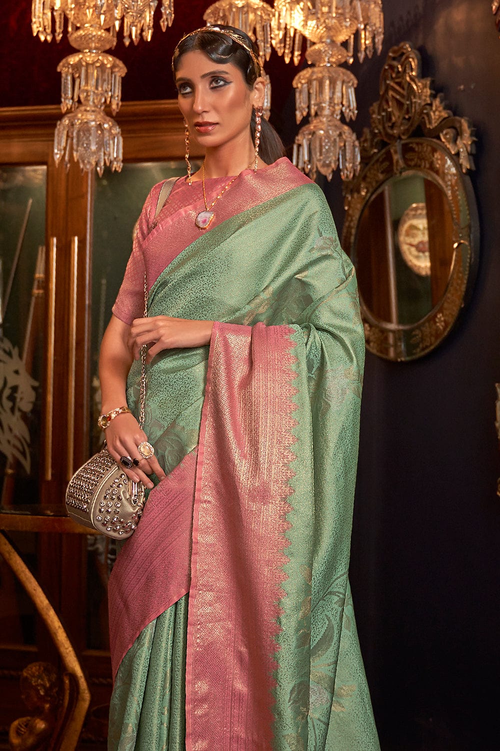 Buy Mint Green Silk Saree online Karagiri