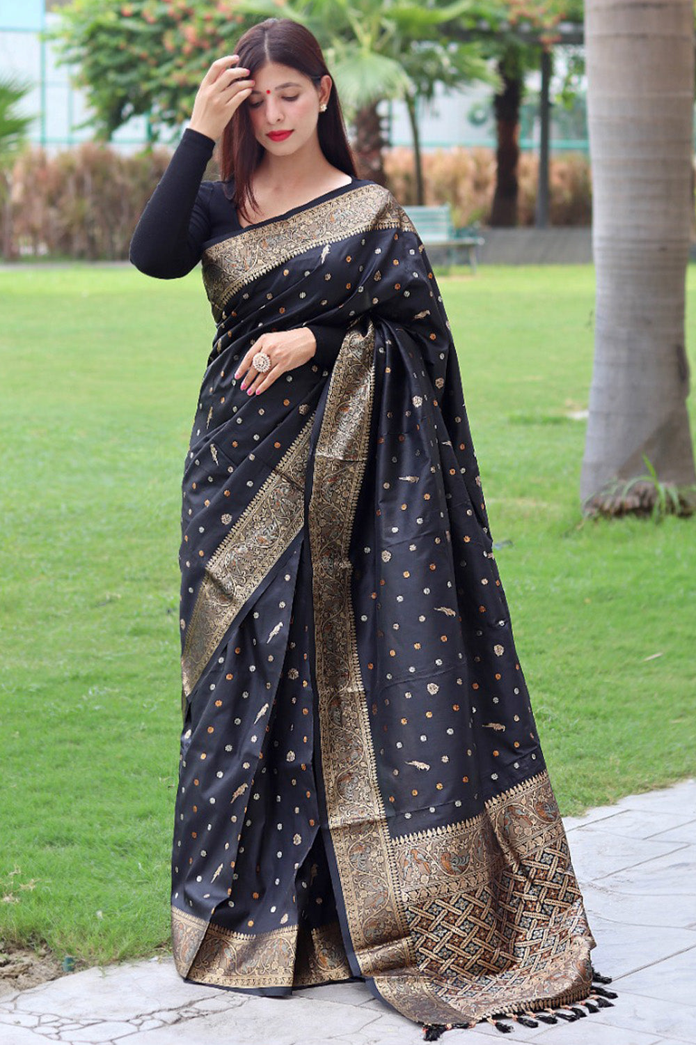 Black with Copper Pattu Silk Saree with All Over Beautiful Floral Jacq -  House of Begum's
