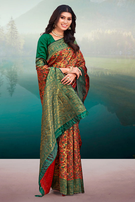 Orange And Green Banarasi Saree