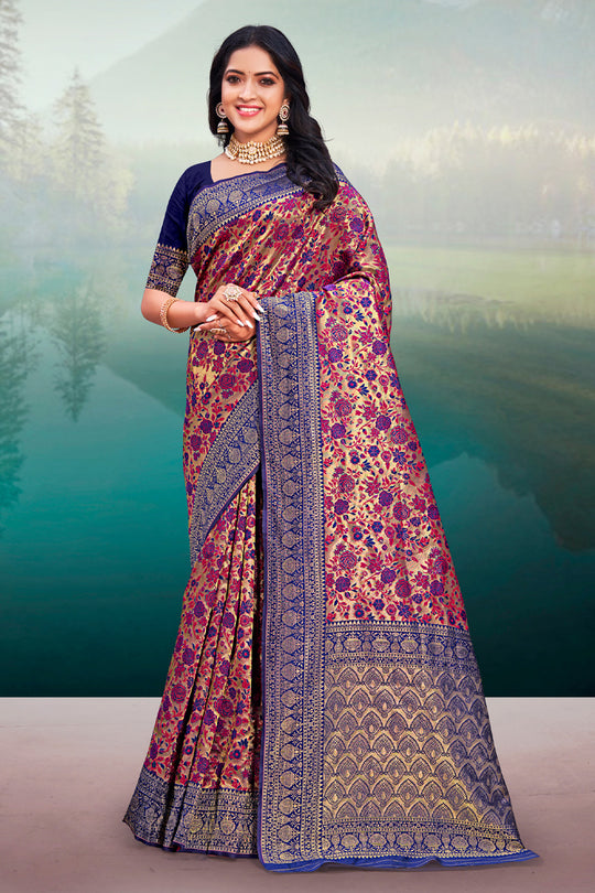 Pink And Navy Blue Banarasi Saree