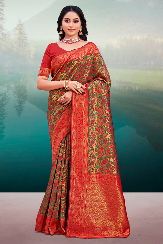 Green And Red Banarasi Saree