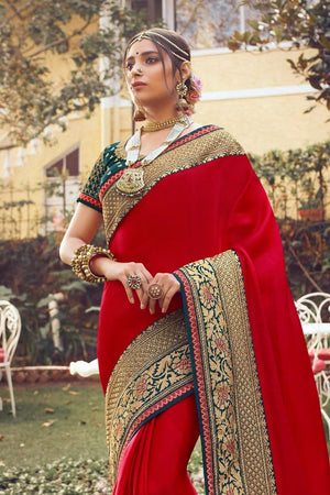 Beautiful Crimson Red Zari Woven South Silk Saree