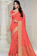 Beautiful Living Coral Woven South Silk Saree
