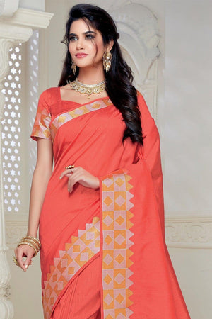 Beautiful Living Coral Woven South Silk Saree