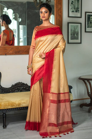 Beige Red South Silk Saree