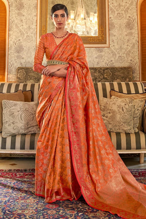 Blaze Orange Zari Banarasi Saree