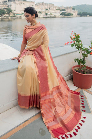 British Tan Cream South Silk Saree