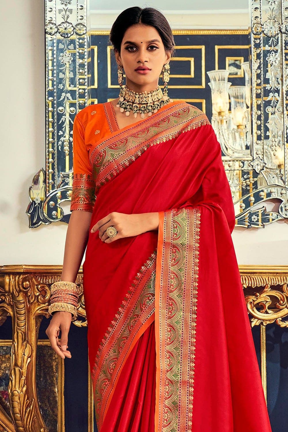 Buy Candy Apple Red South Silk Saree online KARAGIRI FESTIVE
