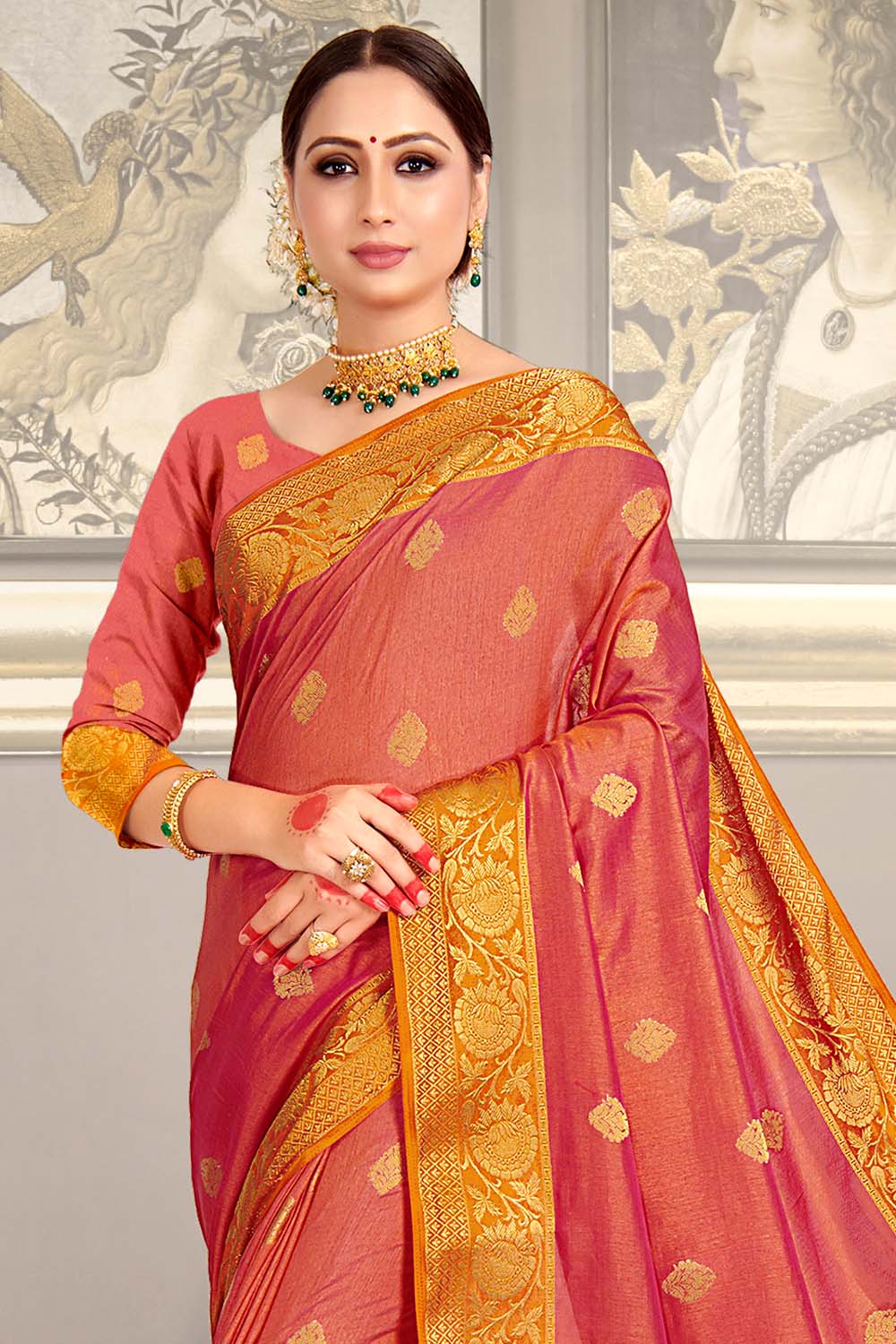 Festive Wear Coral Silk Saree