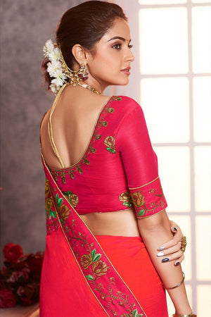 Coral Pink Zari Woven Beautiful South Silk Saree With Embroidered Blouse