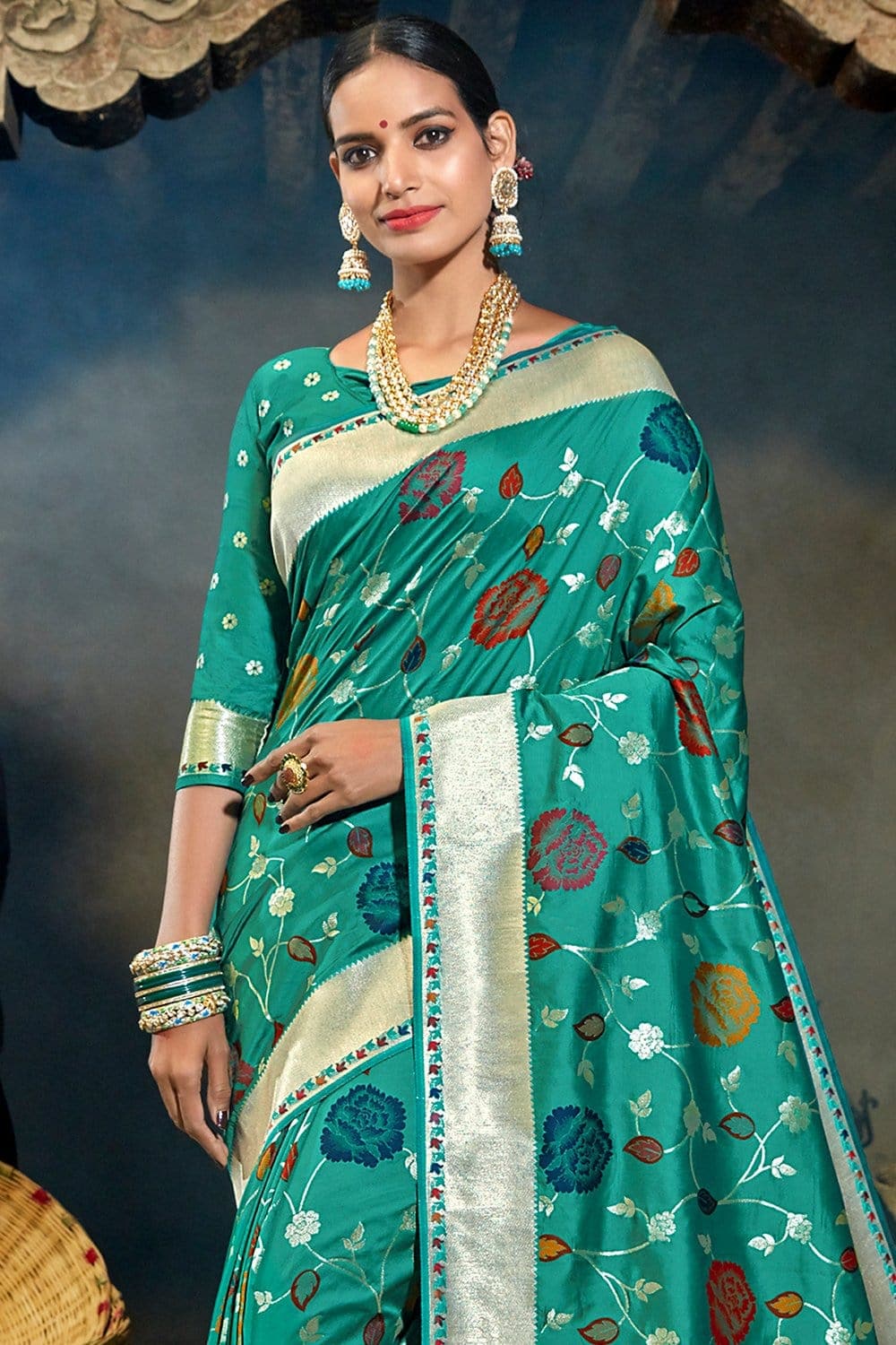 South Silk Saree Dark Cyan Zari Woven Beautiful South Silk Saree saree online
