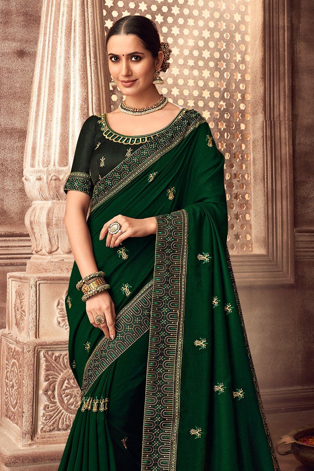 Pear Green Kanchipuram Lichi Silk Saree with brocade blouse