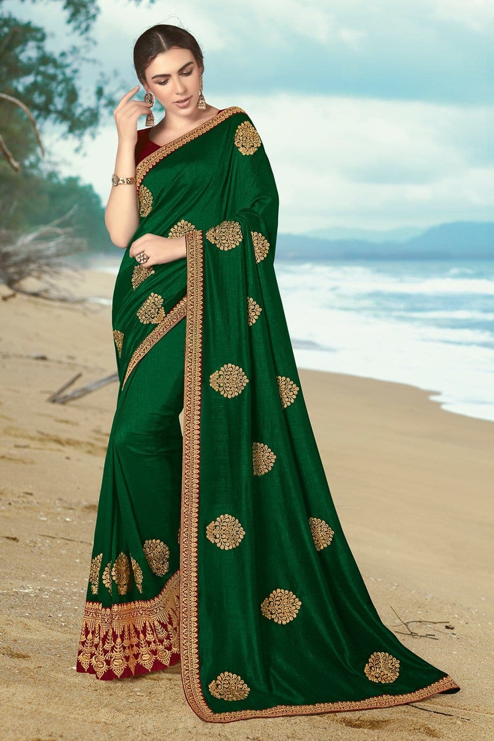 South Silk Saree Deep Green Woven South Silk Saree saree online
