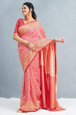 Designer Watermelon Pink Brocade South Silk Saree