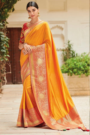 Fire Yellow Zari Woven Beautiful South Silk Saree