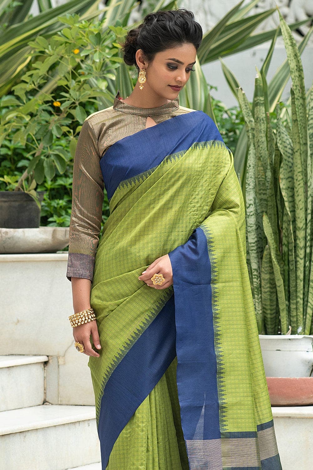 Tvis and Bliss Royal Blue and Green Pure Linen Cotton Saree with Ball  Butta and Silver Border