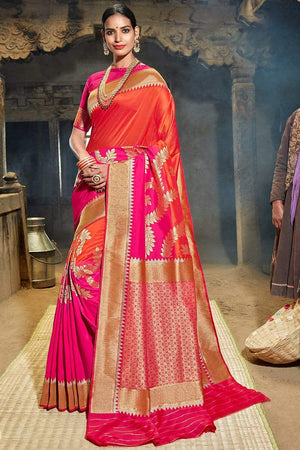 Hot And Strawberry Pink Zari Woven Beautiful South Silk Saree