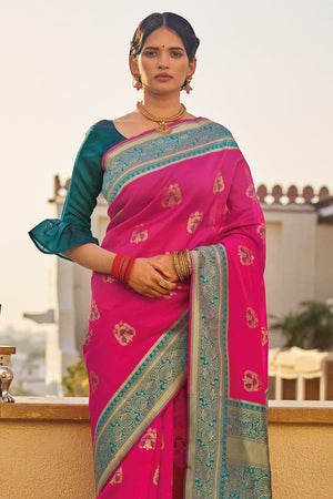 Hot Pink Woven South Silk Saree