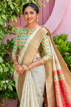 Ivory Beige South Silk Saree