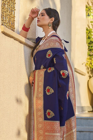Navy Blue Woven South Silk Saree