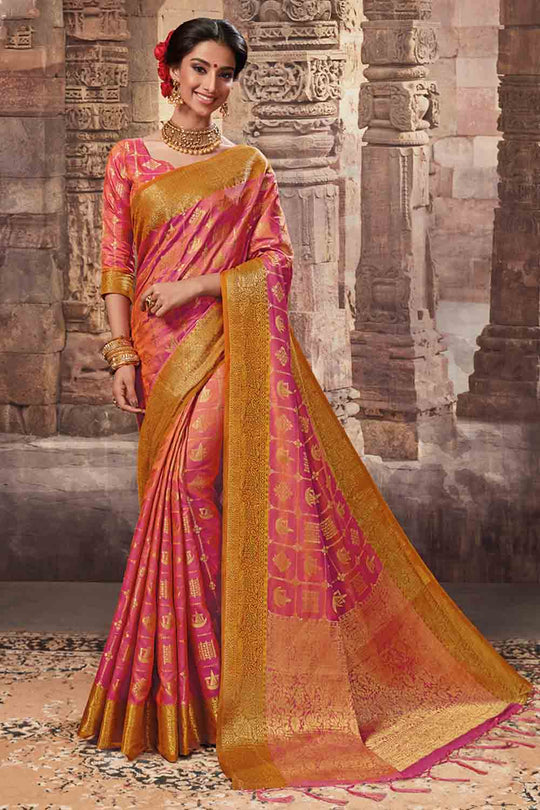 Pink zari woven beautiful South Silk Saree - Buy online on Karagiri - Free shipping to USA