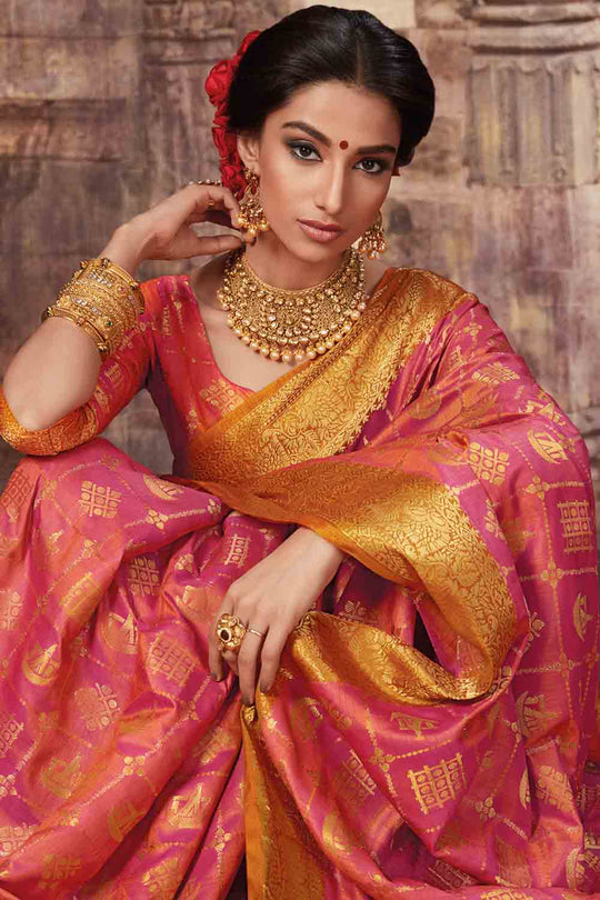 Pink zari woven beautiful South Silk Saree - Buy online on Karagiri - Free shipping to USA