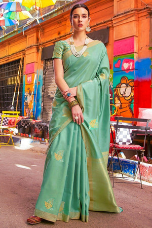 Pistachio Green Zari Woven Beautiful South Silk Saree
