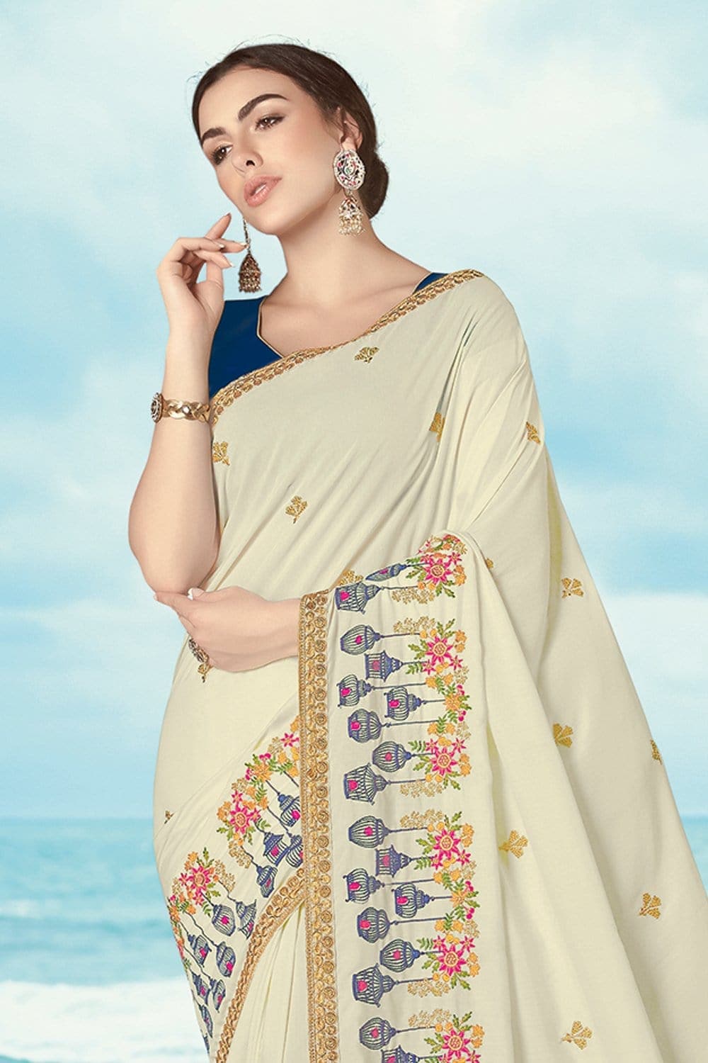 Buy Rice white woven south silk saree online at best price - Karagiri