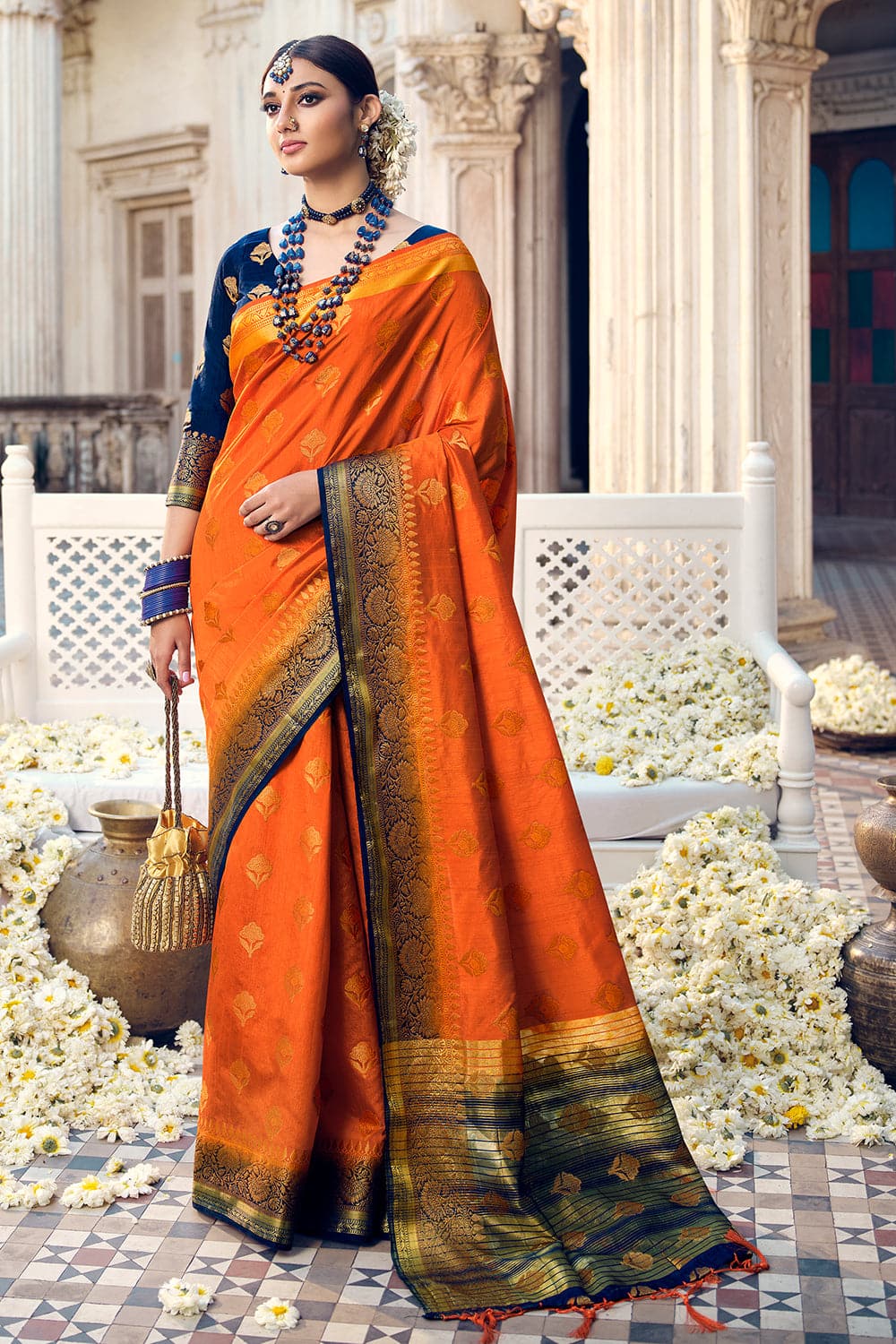 Buy Orange Party Wear Embroidery Work Kanjivaram Silk Saree Online From  Wholesale Salwar.