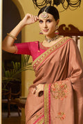 Salmon Pink Zari Woven Beautiful South Silk Saree With Embroidered Blouse