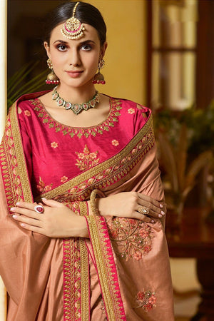 Salmon Pink Zari Woven Beautiful South Silk Saree With Embroidered Blouse