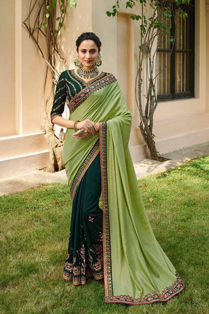 Shades Of Green Zari Woven Beautiful South Silk Saree With Embroidered Blouse