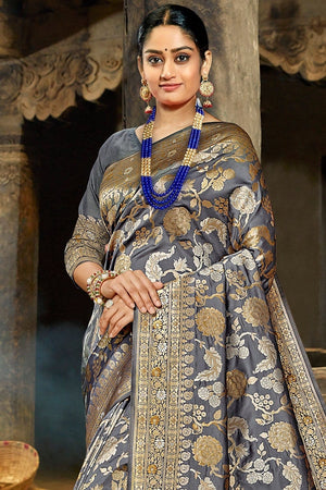 Slate Blue Zari Woven Beautiful South Silk Saree