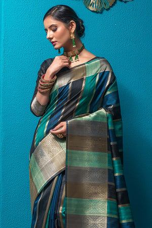 Teal Blue Kairi Patterned South Silk Saree