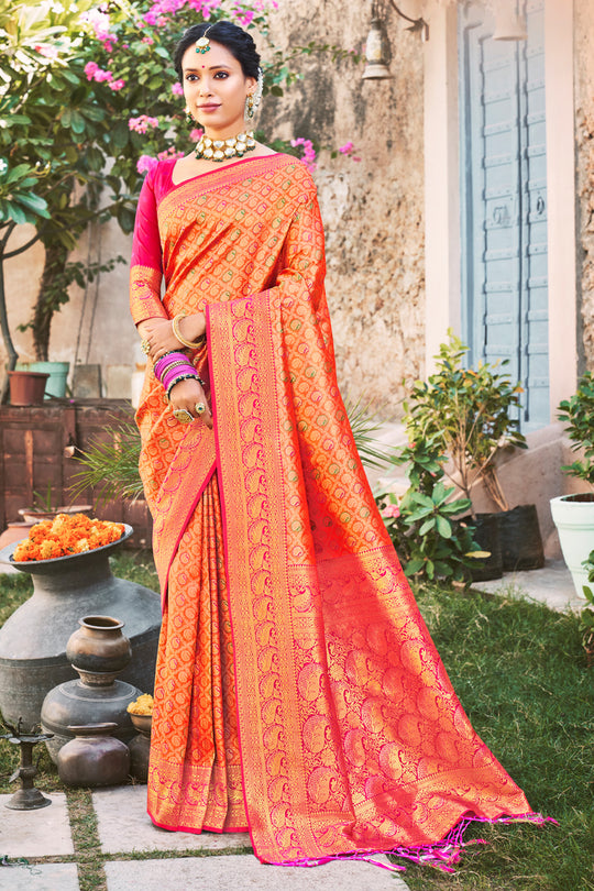 Orange And Pink Kanjivaram Saree
