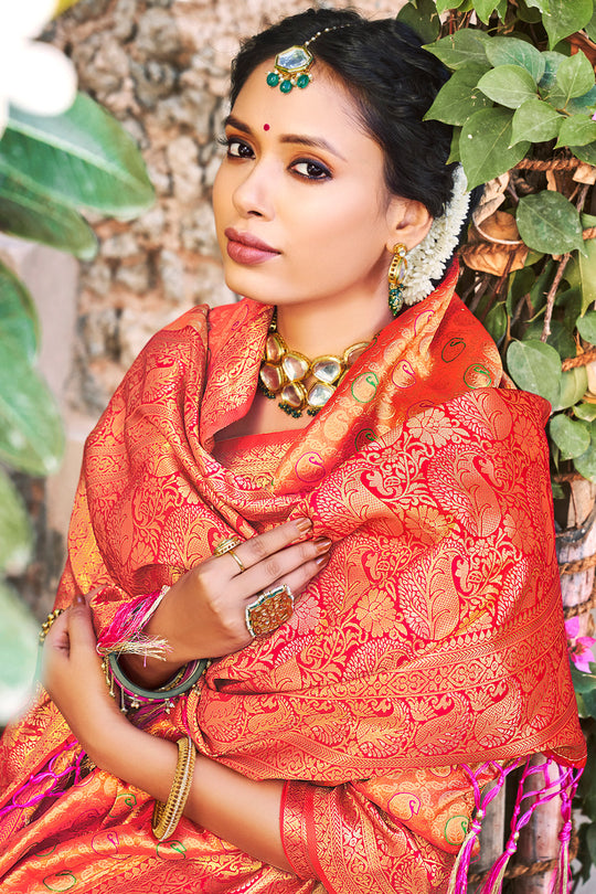 Orange And Pink Kanjivaram Saree