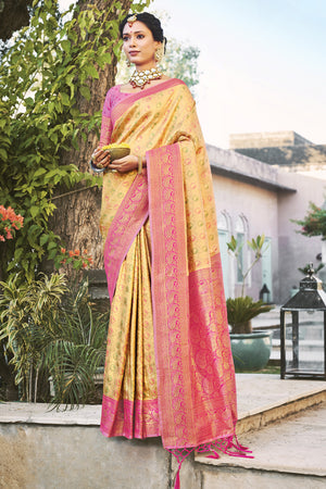 Yellow And Pink Kanjivaram Saree